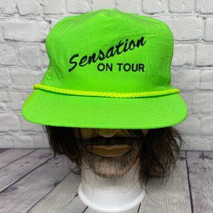 Vintage Trucker Hat Nylon Rope Cap Snapback Neon Green Sensation Tour Embroider